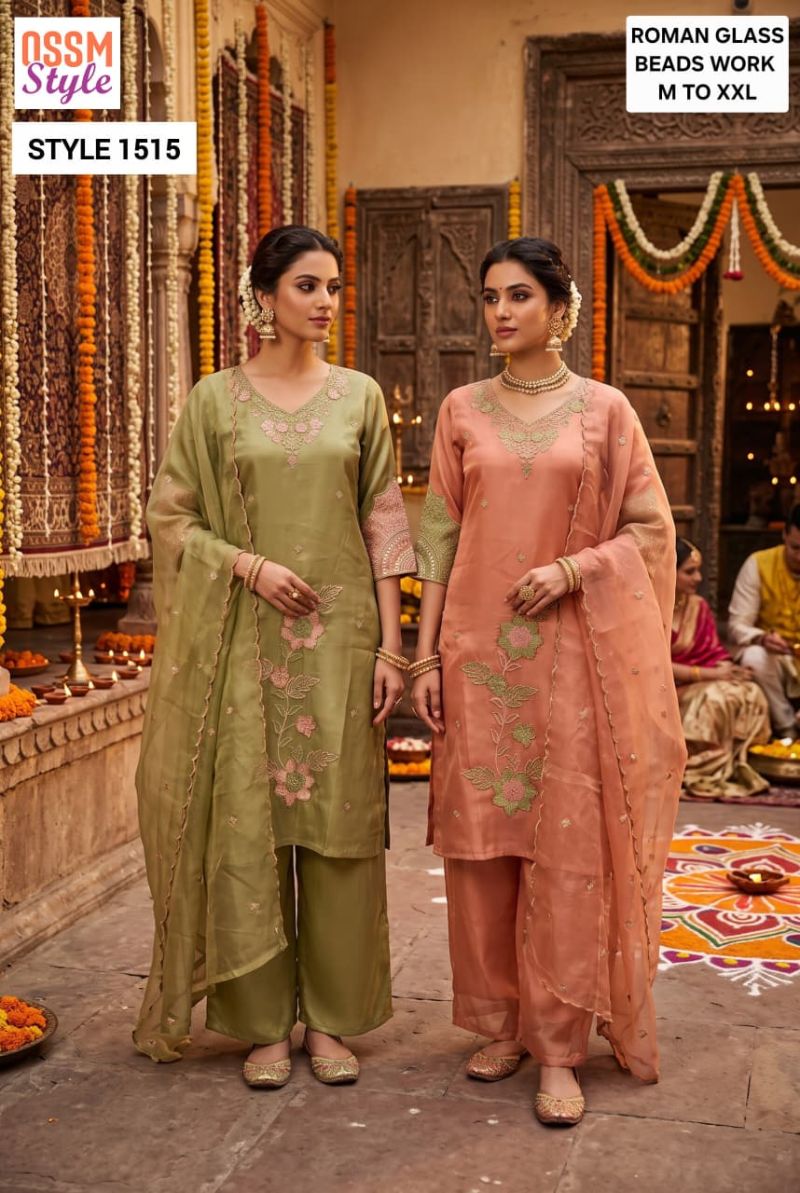 Ossm Style 1514 To 1517 Roman Glass Beads Work Kurti WIth Bottom Dupatta Set
