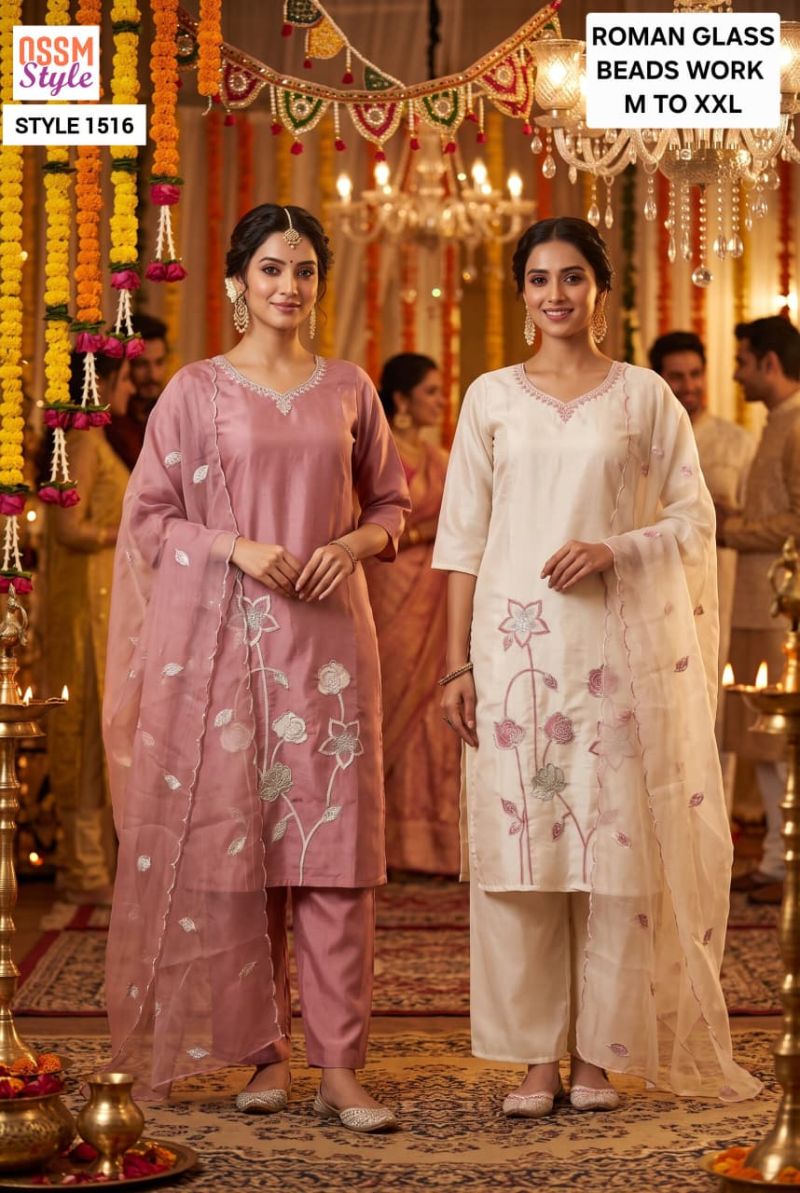 Ossm Style 1514 To 1517 Roman Glass Beads Work Kurti WIth Bottom Dupatta Set — Wholesale Kurtis, Vardan Ethnic wholesale from Surat — view 4