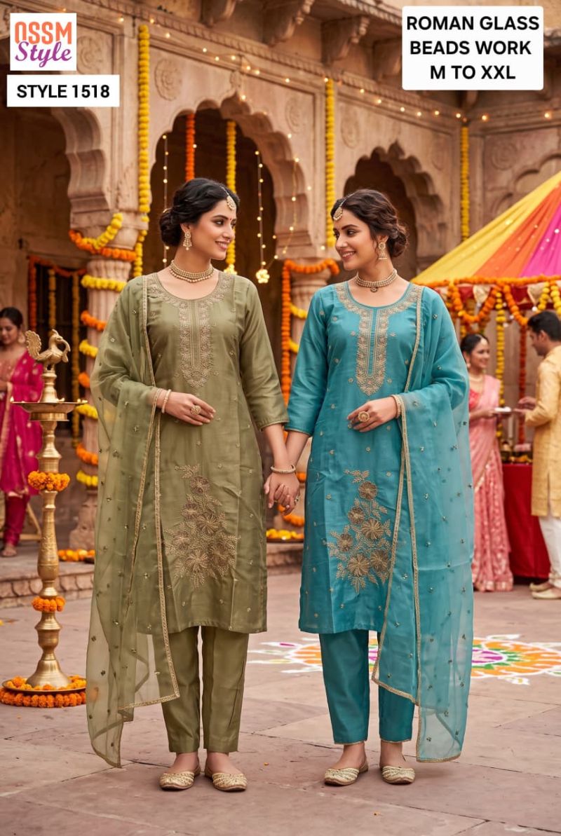 Ossm Style 1518 To 1520 Roman Glass Beads Work Kurti WIth Bottom Dupatta Set — Wholesale Kurtis, Vardan Ethnic wholesale from Surat — view 2