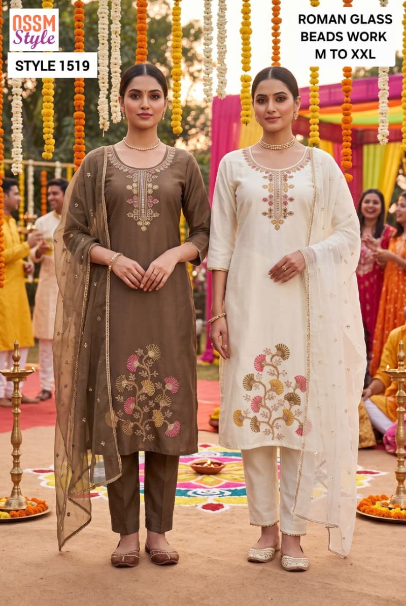 Ossm Style 1518 To 1520 Roman Glass Beads Work Kurti WIth Bottom Dupatta Set
