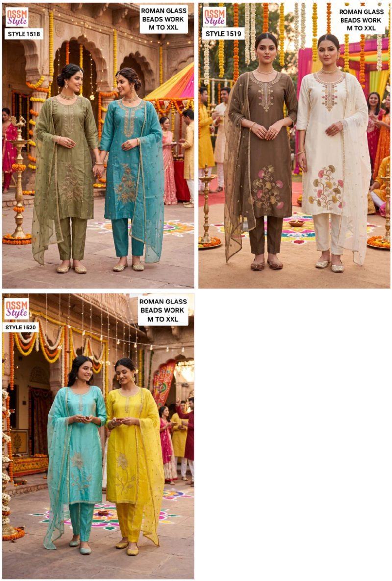 Ossm Style 1518 To 1520 Roman Glass Beads Work Kurti WIth Bottom Dupatta Set — Wholesale Kurtis, Vardan Ethnic wholesale from Surat — view 4