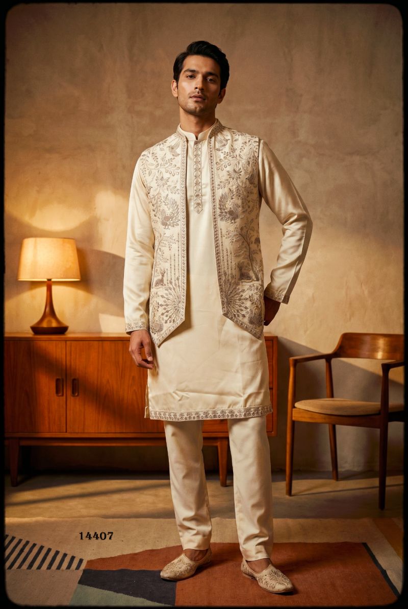 Outluk Vol 144 Armani Embroidered Mens Kurta Pajama With Jacket Set — Singles, Outluk wholesale from Surat — view 7