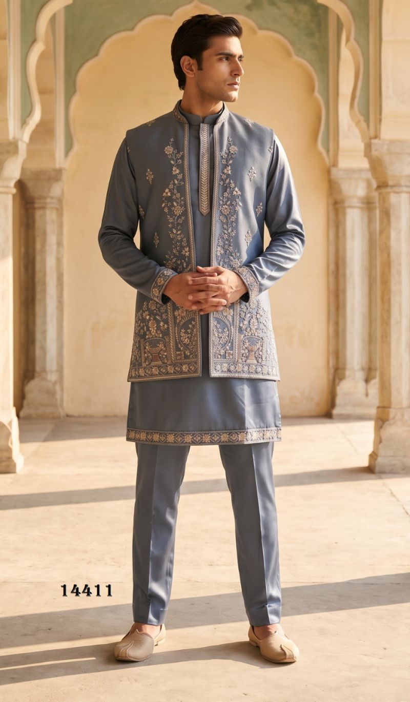 Outluk Vol 144 Armani Embroidered Mens Kurta Pajama With Jacket Set — Singles, Outluk wholesale from Surat — view 3