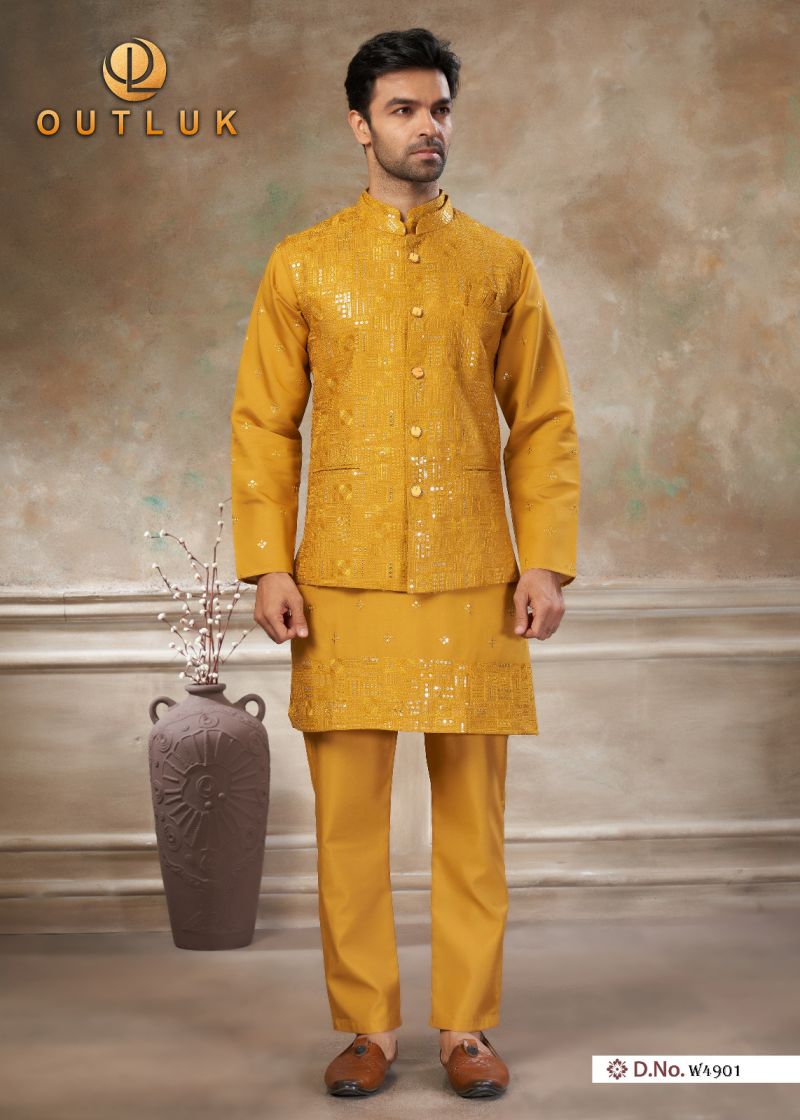 Outluk Wedding 49 Viscos Embroidery Worked Kurta With Koti Pajama Set — Men's Wear, OUTLOOK wholesale from Surat — view 10