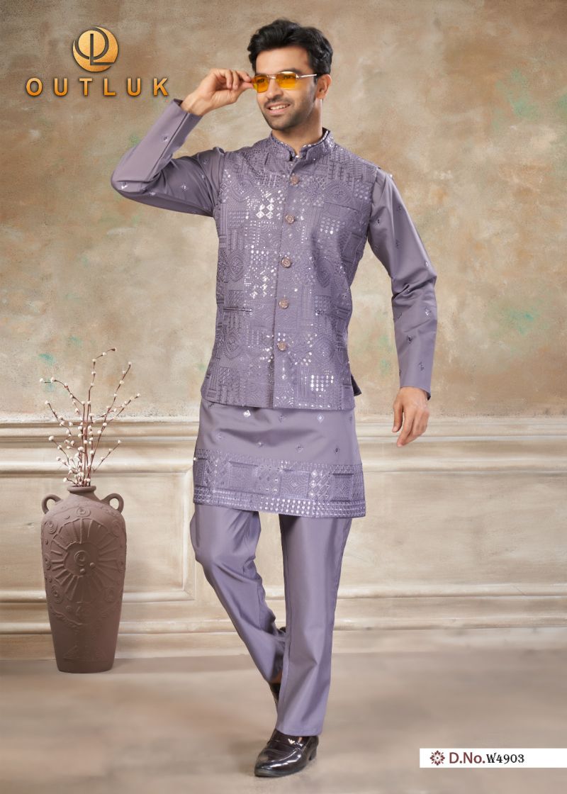 Outluk Wedding 49 Viscos Embroidery Worked Kurta With Koti Pajama Set — Men's Wear, OUTLOOK wholesale from Surat — view 9