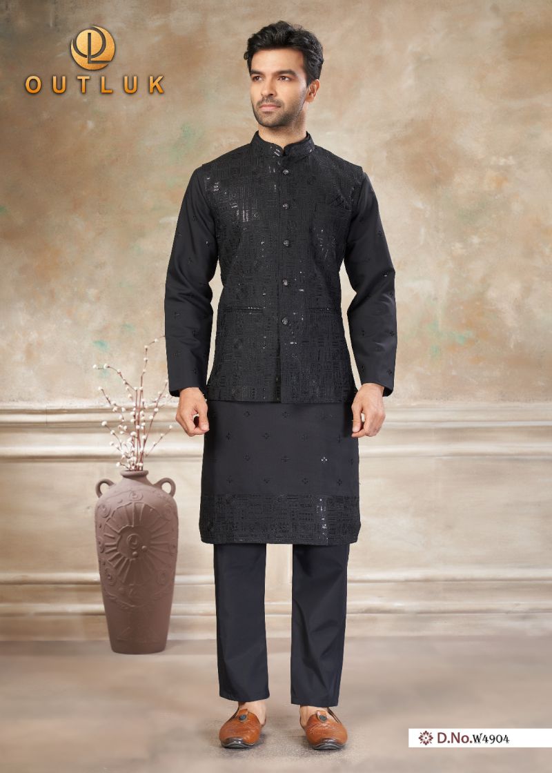 Outluk Wedding 49 Viscos Embroidery Worked Kurta With Koti Pajama Set — Men's Wear, OUTLOOK wholesale from Surat — view 8