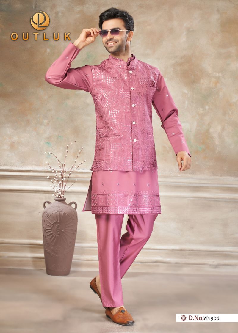 Outluk Wedding 49 Viscos Embroidery Worked Kurta With Koti Pajama Set — Men's Wear, OUTLOOK wholesale from Surat — view 7