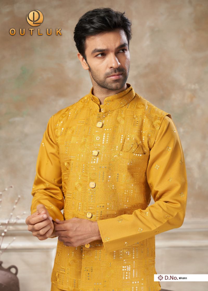 Outluk Wedding 49 Viscos Embroidery Worked Kurta With Koti Pajama Set — Men's Wear, OUTLOOK wholesale from Surat — view 6