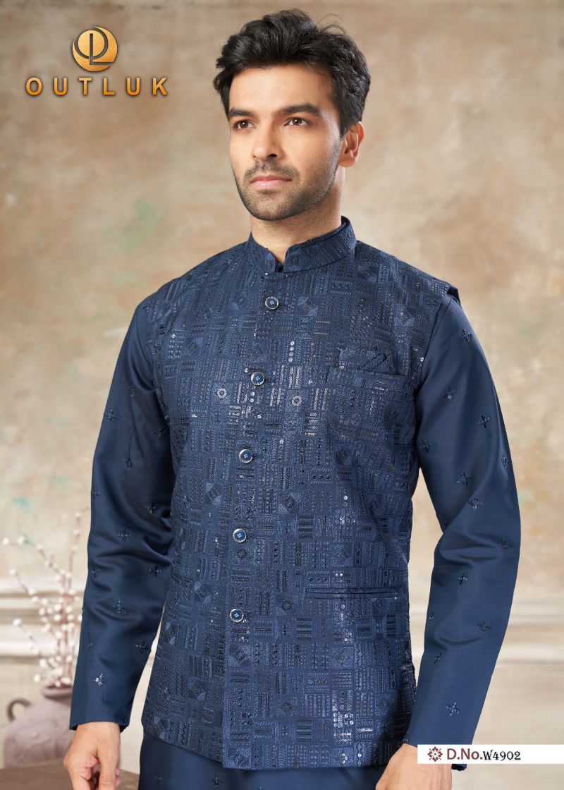 Outluk Wedding 49 Viscos Embroidery Worked Kurta With Koti Pajama Set — Men's Wear, OUTLOOK wholesale from Surat — view 5