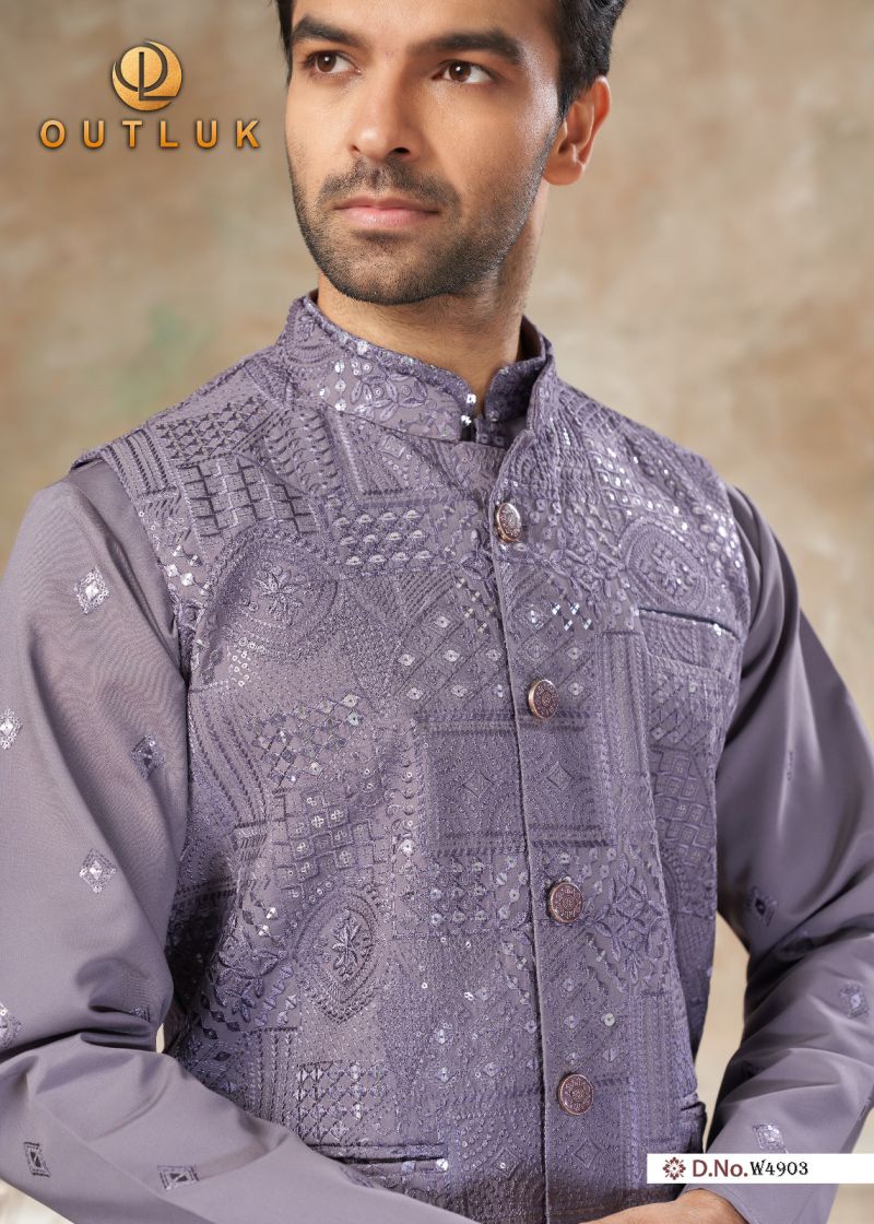Outluk Wedding 49 Viscos Embroidery Worked Kurta With Koti Pajama Set — Men's Wear, OUTLOOK wholesale from Surat — view 4