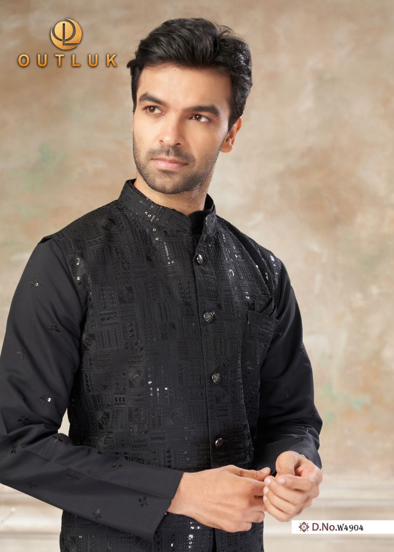 Outluk Wedding 49 Viscos Embroidery Worked Kurta With Koti Pajama Set — Men's Wear, OUTLOOK wholesale from Surat — view 3