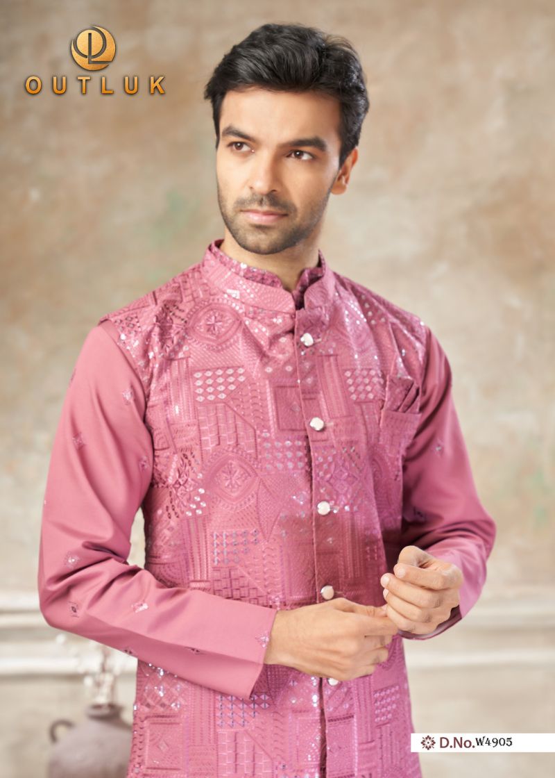 Outluk Wedding 49 Viscos Embroidery Worked Kurta With Koti Pajama Set — Men's Wear, OUTLOOK wholesale from Surat — view 2
