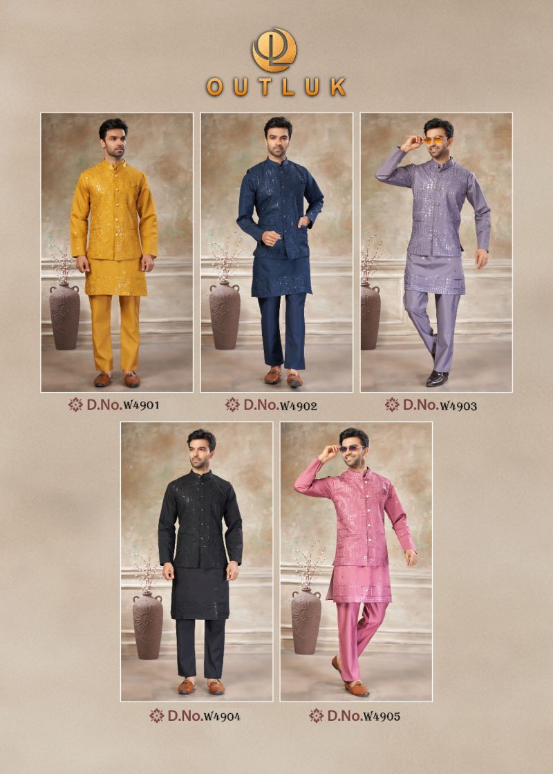 Outluk Wedding 49 Viscos Embroidery Worked Kurta With Koti Pajama Set — Men's Wear, OUTLOOK wholesale from Surat — view 11