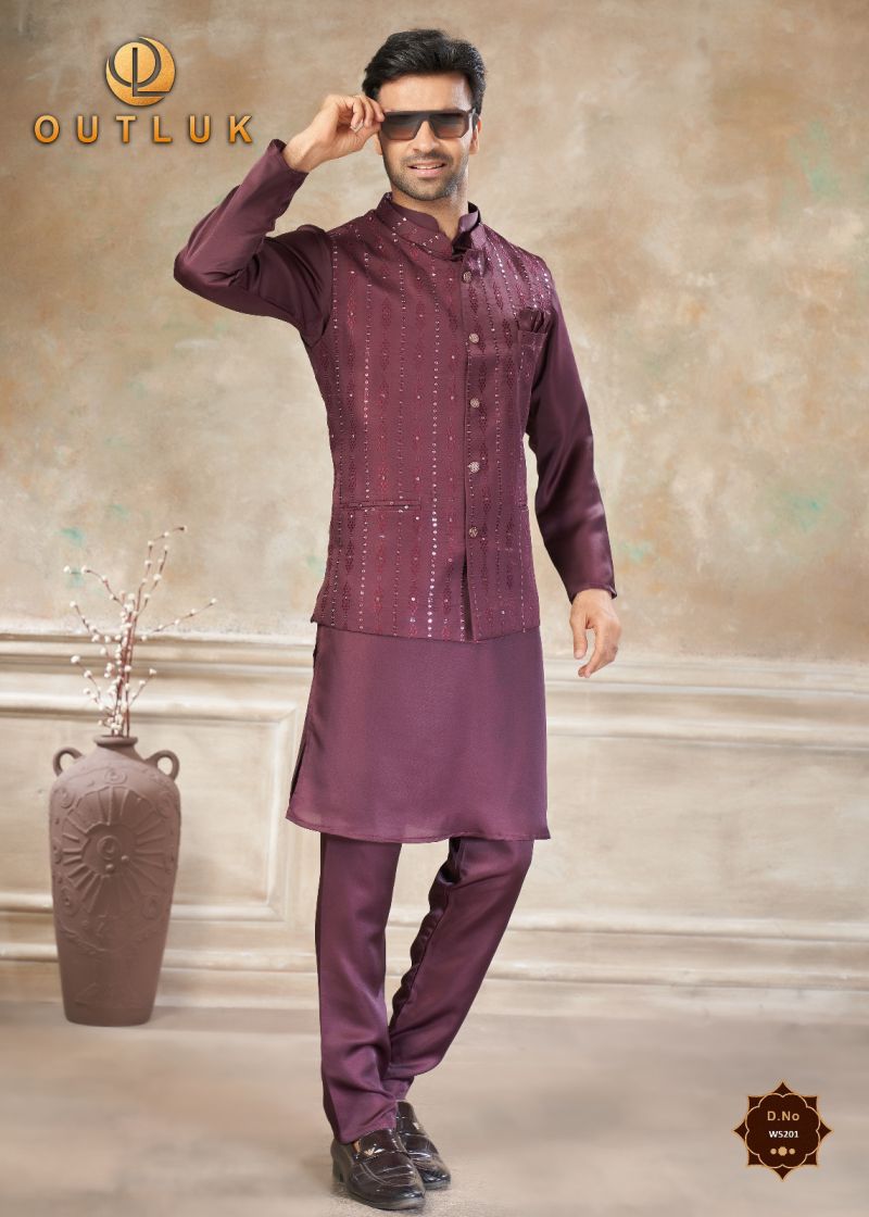 Outluk Wedding 52 Satin Silk Embroidered Kurta With Koti Pajama Collection