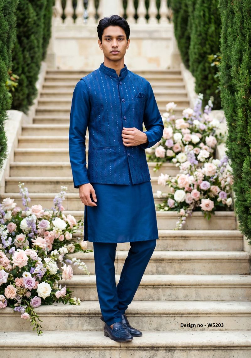 Outluk Wedding 52 Satin Silk Embroidered Kurta With Koti Pajama Collection — Men's Wear, Vardan Ethnic wholesale from Surat — view 2