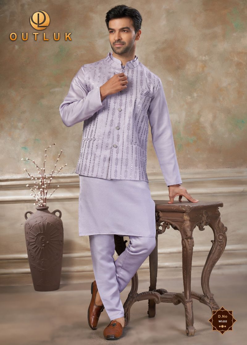 Outluk Wedding 52 Satin Silk Embroidered Kurta With Koti Pajama  Set — Men's Wear, OUTLOOK wholesale from Surat — view 5