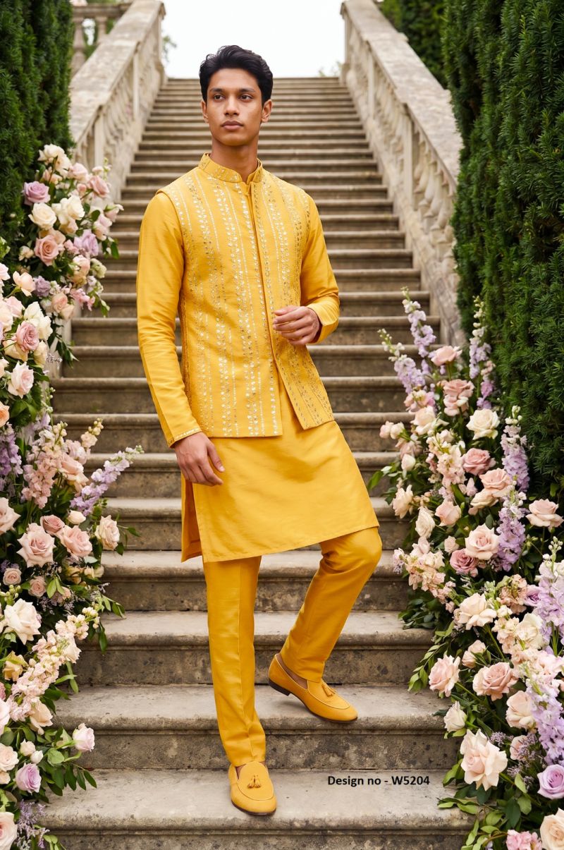 Outluk Wedding 52 Satin Silk Embroidered Kurta With Koti Pajama  Set — Men's Wear, OUTLOOK wholesale from Surat — view 4