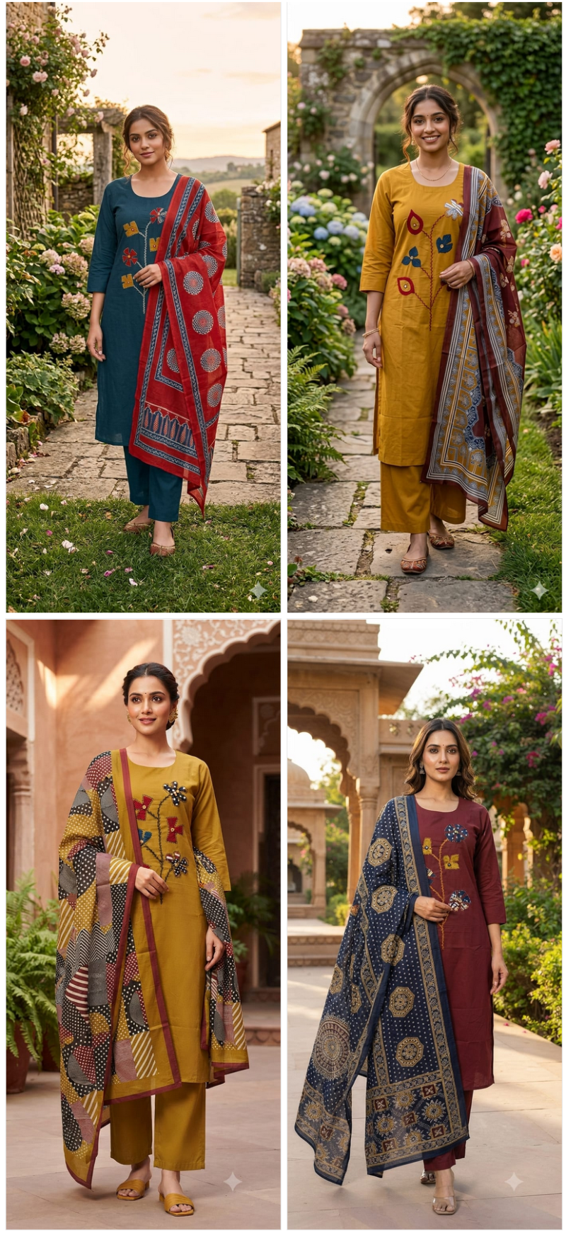 Piyu Combo Natural Dhabu Cotton Aplic Worked Kurti Set Catalog — Wholesale Cotton Kurti Pant Set, Vardan Ethnic wholesale from Surat — view 5