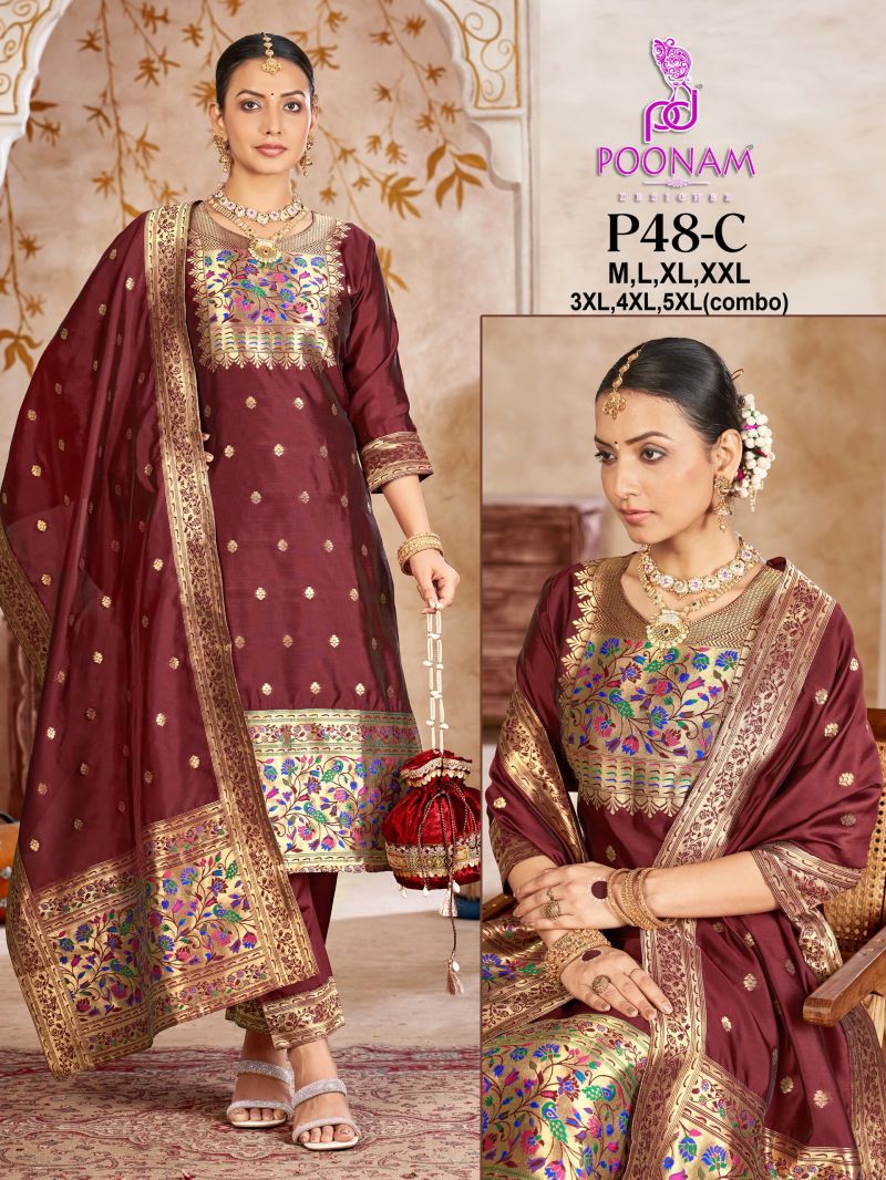 Poonam P 48 Tapeta Silk Jacquard Work Kurti With Bottom Dupatta Set — Wholesale Readymade Suit, Poonam'S wholesale from Surat — view 3