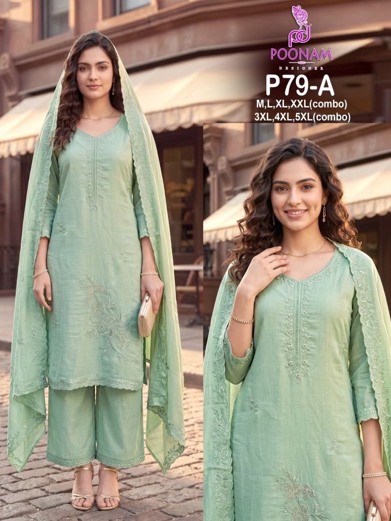 Poonam P 79 Mul Chanderi Beads Work Kurti With Bottom Dupatta Set