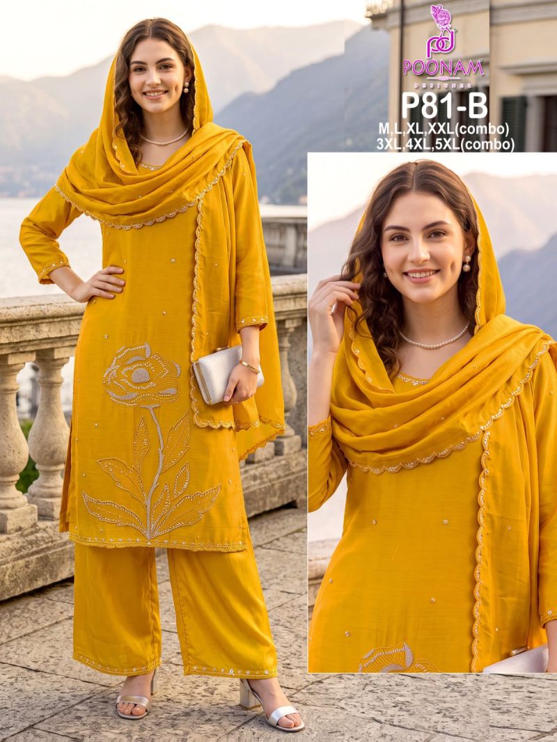 Poonam P 81 A To D Crush Silk WIth Beads Work Kurti With Bottom Dupatta Set