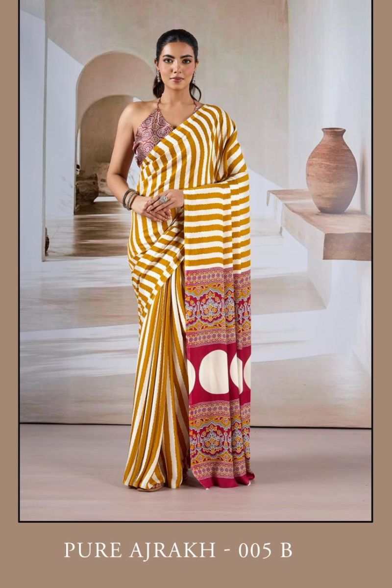 Pure Ajrakh 005 Modal Satin Ajrakh Printed Saree Catalog — Wholesale Sarees, Vardan Ethnic wholesale from Surat — view 3