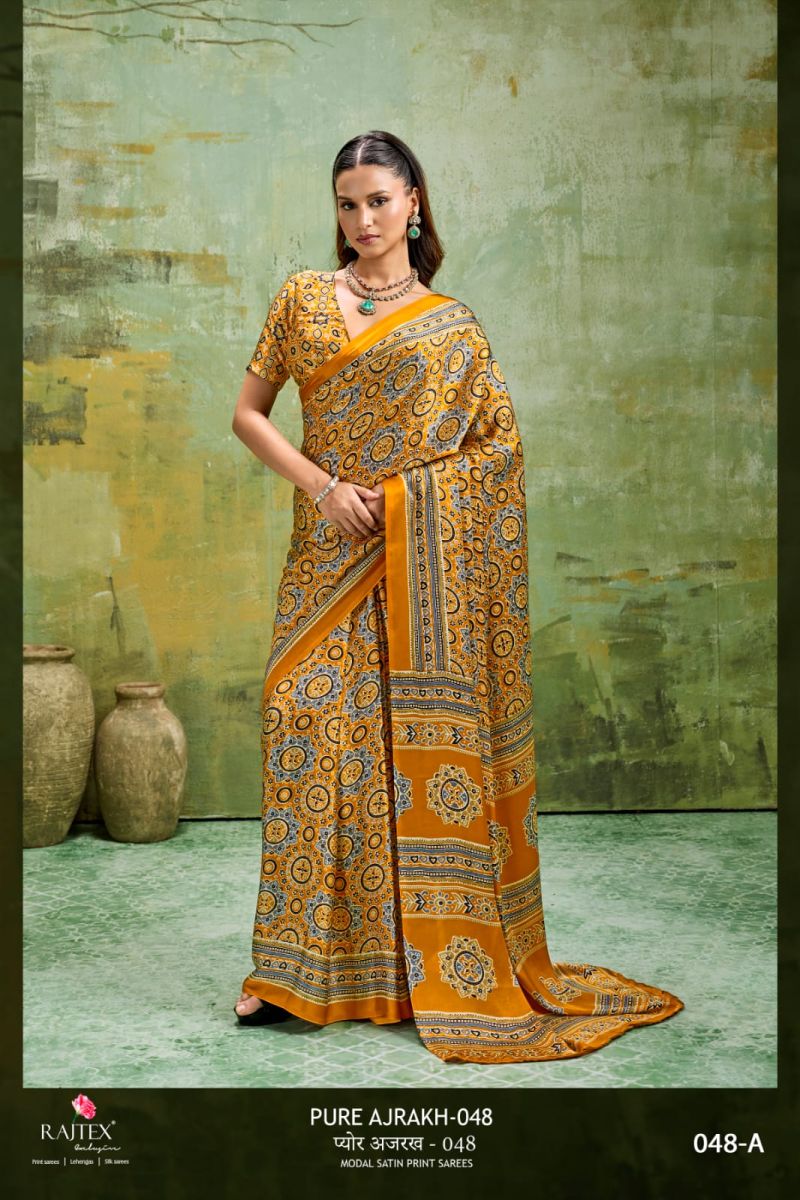 Rajtex Pure Ajrakh 048 Modal Satin Ajrakh Printed Saree Catalog — Wholesale Sarees, Vardan Ethnic wholesale from Surat — view 3