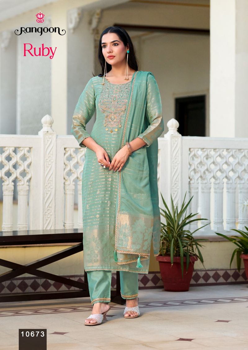 Rangoon Ruby Organza Fancy Work Kurti With Bottom Dupatta Set