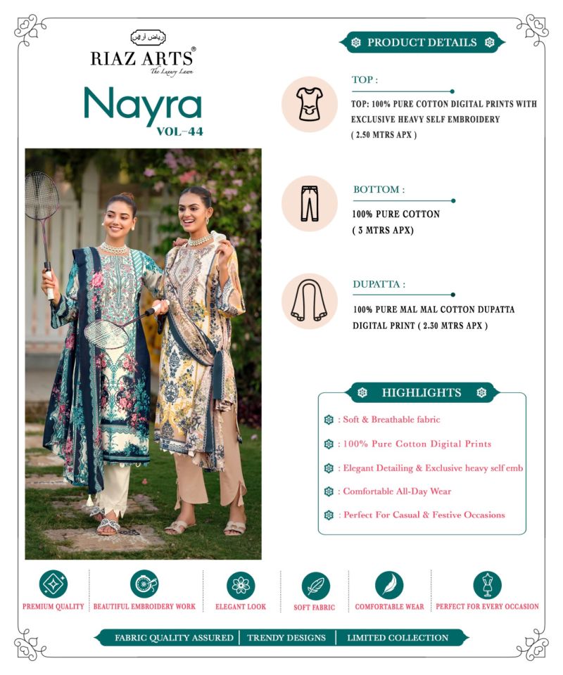 Riaz Arts Nayra Vol 44 Cotton Digital Printed Dress Material Catalog — Cotton Dress Material, Vardan Ethnic wholesale from Surat — view 9