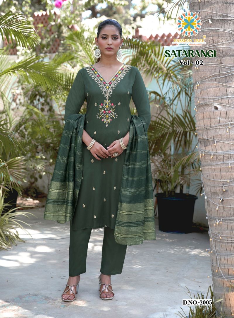 Satarangi Vol 2 By Passion Tree Rayon Embroidered Kurti WIth Bottom Dupatta Set