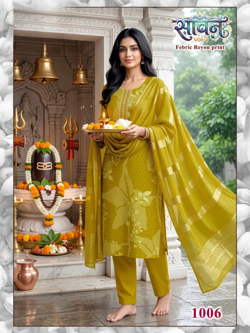 Savan Vol 1 Rayon Digital Printed Kurti WIth Bottom Dupatta Set — Wholesale Readymade Suit, Vardan Ethnic wholesale from Surat — view 3