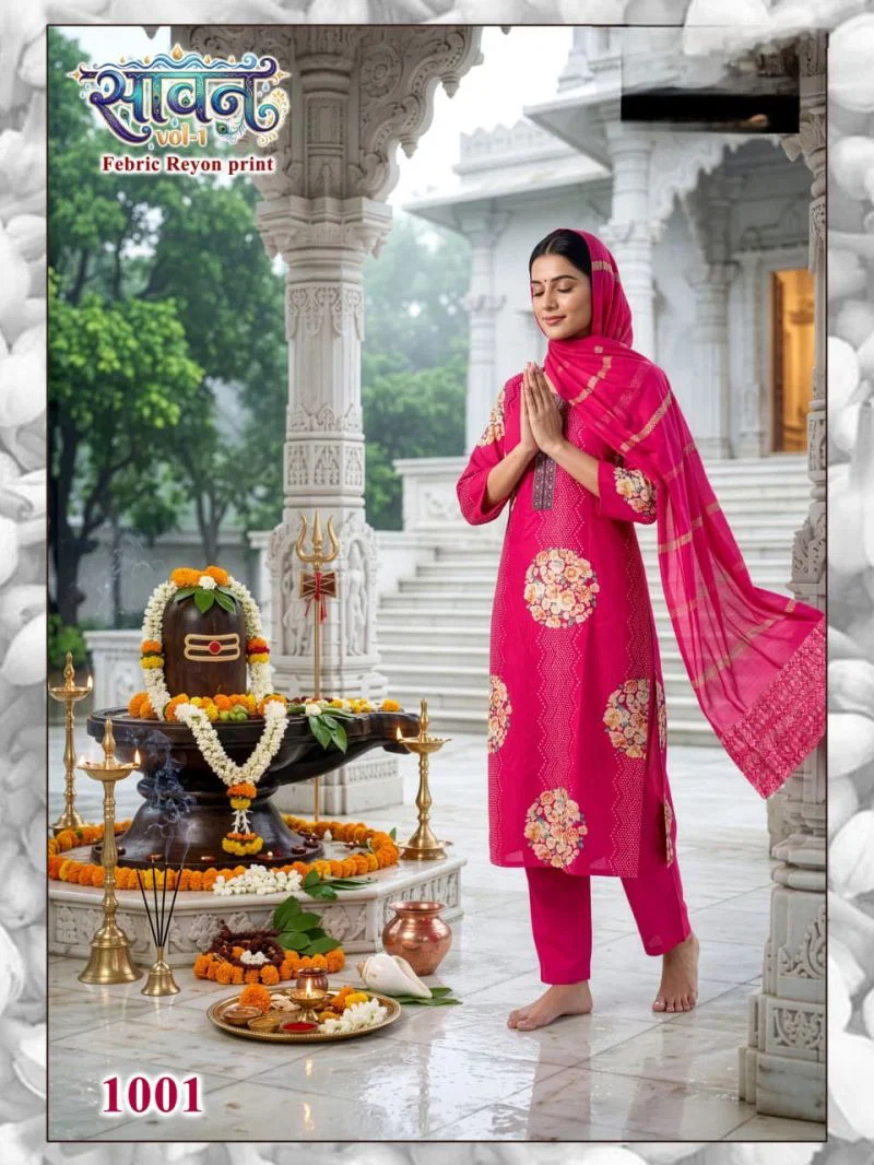 Savan Vol 1 Rayon Digital Printed Kurti WIth Bottom Dupatta Set — Wholesale Readymade Suit, Vardan Ethnic wholesale from Surat — view 4
