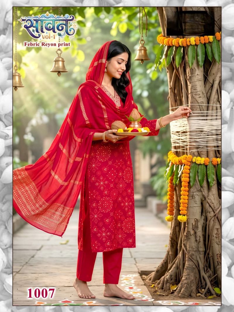 Savan Vol 1 Rayon Digital Printed Kurti WIth Bottom Dupatta Set — Wholesale Readymade Suit, Vardan Ethnic wholesale from Surat — view 8