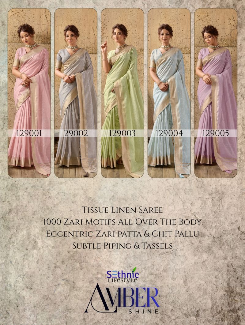 Sethnic Amber Shine Tissue Linen Zari Work Saree Catalog — Wholesale Sarees, Sethnic wholesale from Surat — view 5