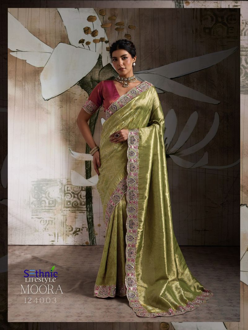 Sethnic Moora Banarasi Jacquard Silk Zarkan Hand Work Saree Catalog — Wholesale, Vardan Ethnic wholesale from Surat — view 4