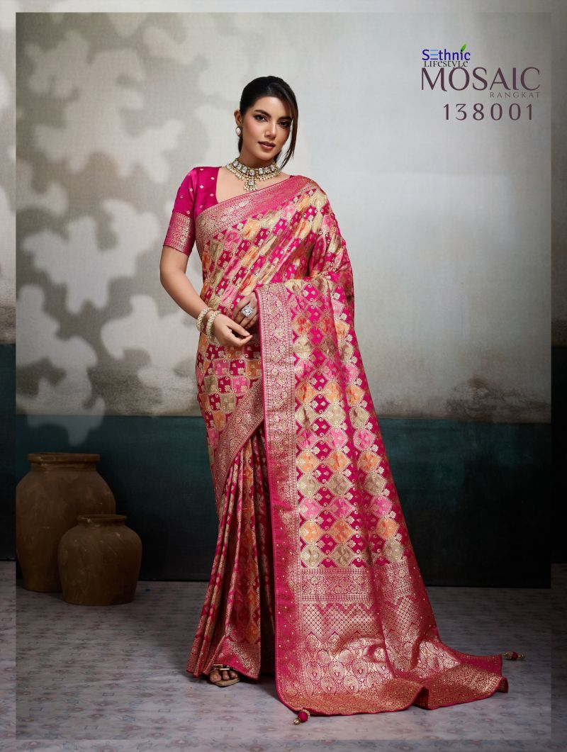 Sethnic Mosaic Satin Jacquard And Smooth Hand Dyed Saree Catalog — Wholesale Sarees, Vardan Ethnic wholesale from Surat — view 3
