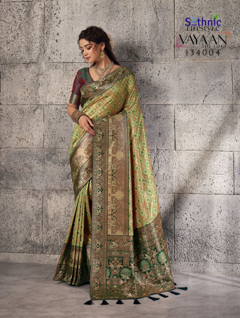 Sethnic Vayaan Banarasi Silk Zari Work Motif Patta Saree Catalog — BASES ON OCCASION, Vardan Ethnic wholesale from Surat — view 4