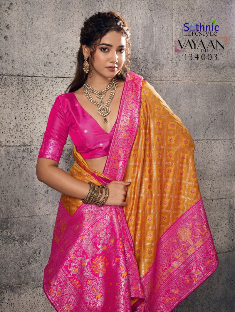 Sethnic Vayaan Banarasi Silk Zari Work Motif Patta Saree Catalog — BASES ON OCCASION, Vardan Ethnic wholesale from Surat — view 8