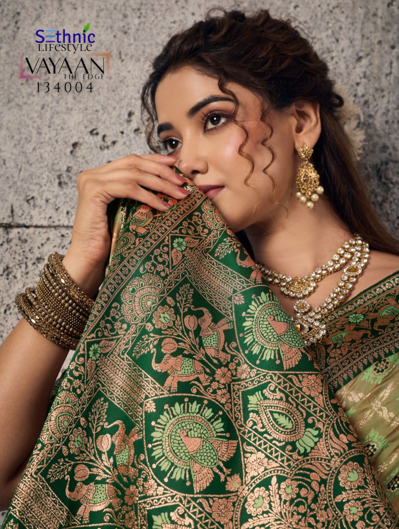 Sethnic Vayaan Banarasi Silk Zari Work Motif Patta Saree Catalog — BASES ON OCCASION, Vardan Ethnic wholesale from Surat — view 9