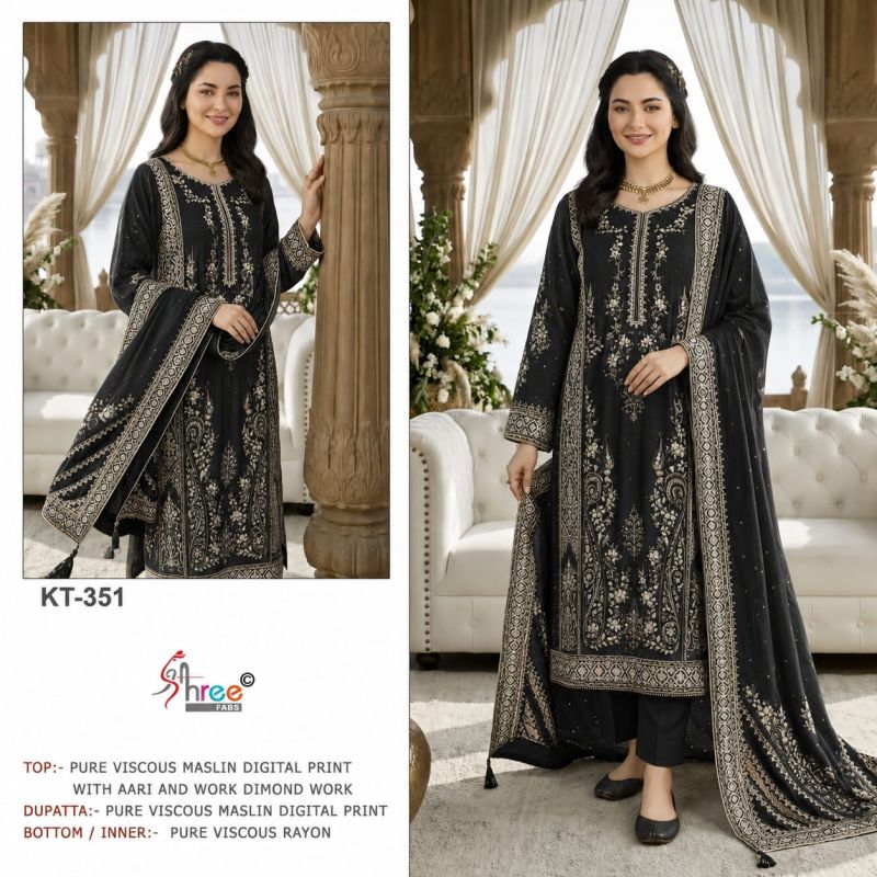 Shree Kt 351 Black And White Viscose Maslin Digital Printed Salwar Kameez Catalog