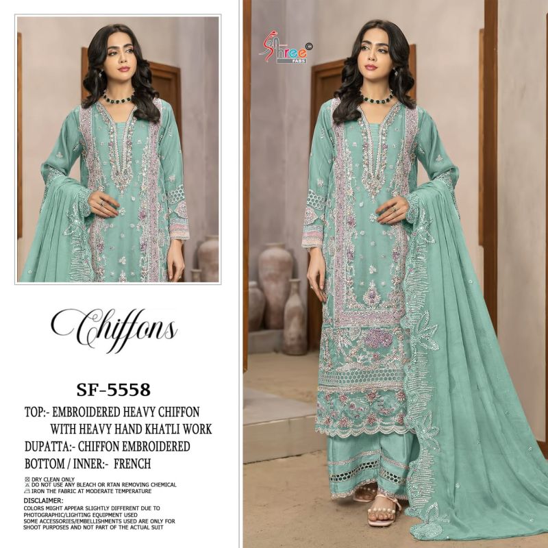 Shree Sf 5558 A To D Chiffon Embroidered Pakitstani Salwar Kameez — Wholesale Pakistani Suits, Shree Fabs wholesale from Surat — view 4