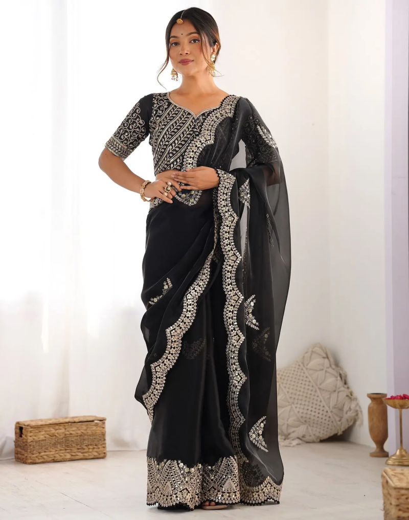 SM Pari 1 Satin Coding Sequence Work Saree Catalog — Saree, Vardan Ethnic wholesale from Surat — view 3