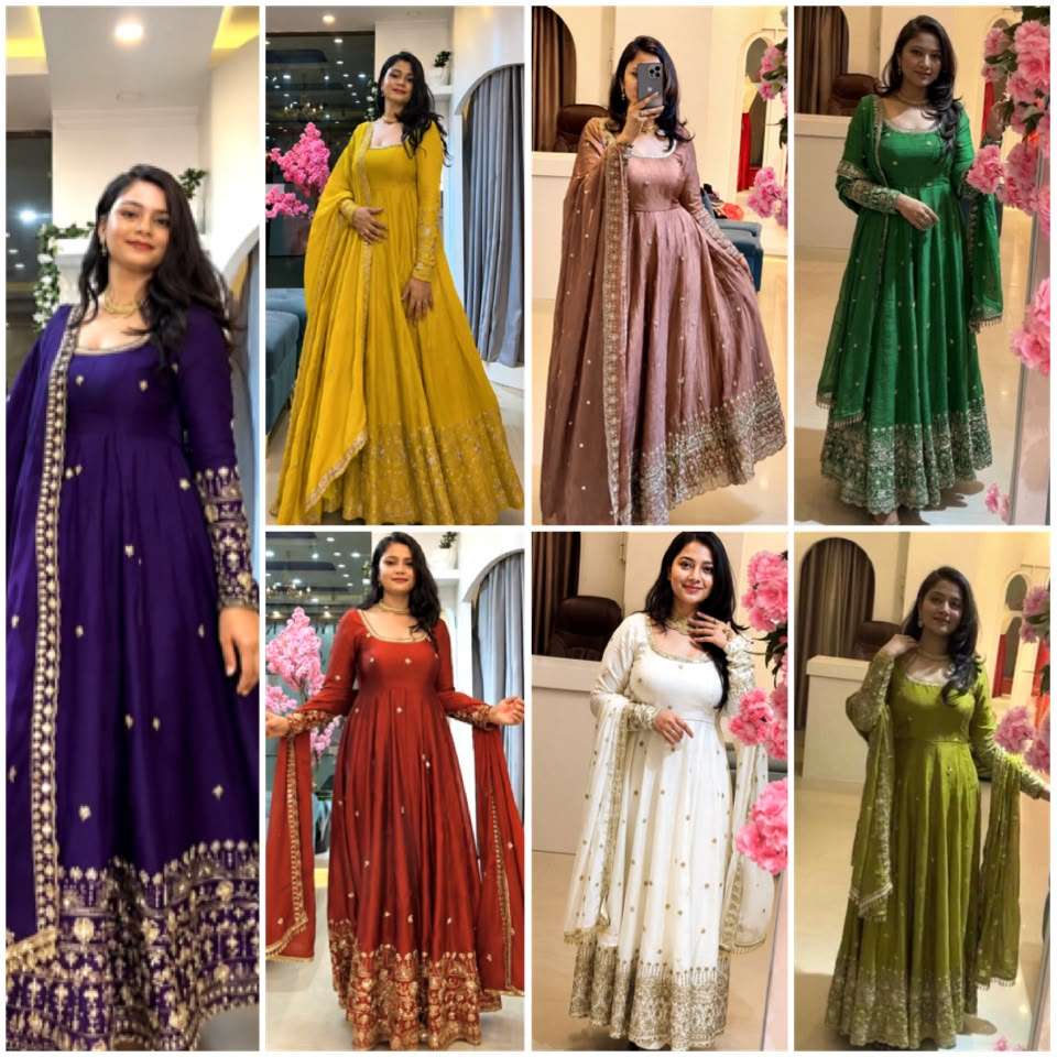 SSR 544 Crunchy Silk Embroidered Designer Gown Set — Wholesale Anarkali Kurti, Vardan Ethnic wholesale from Surat — view 3