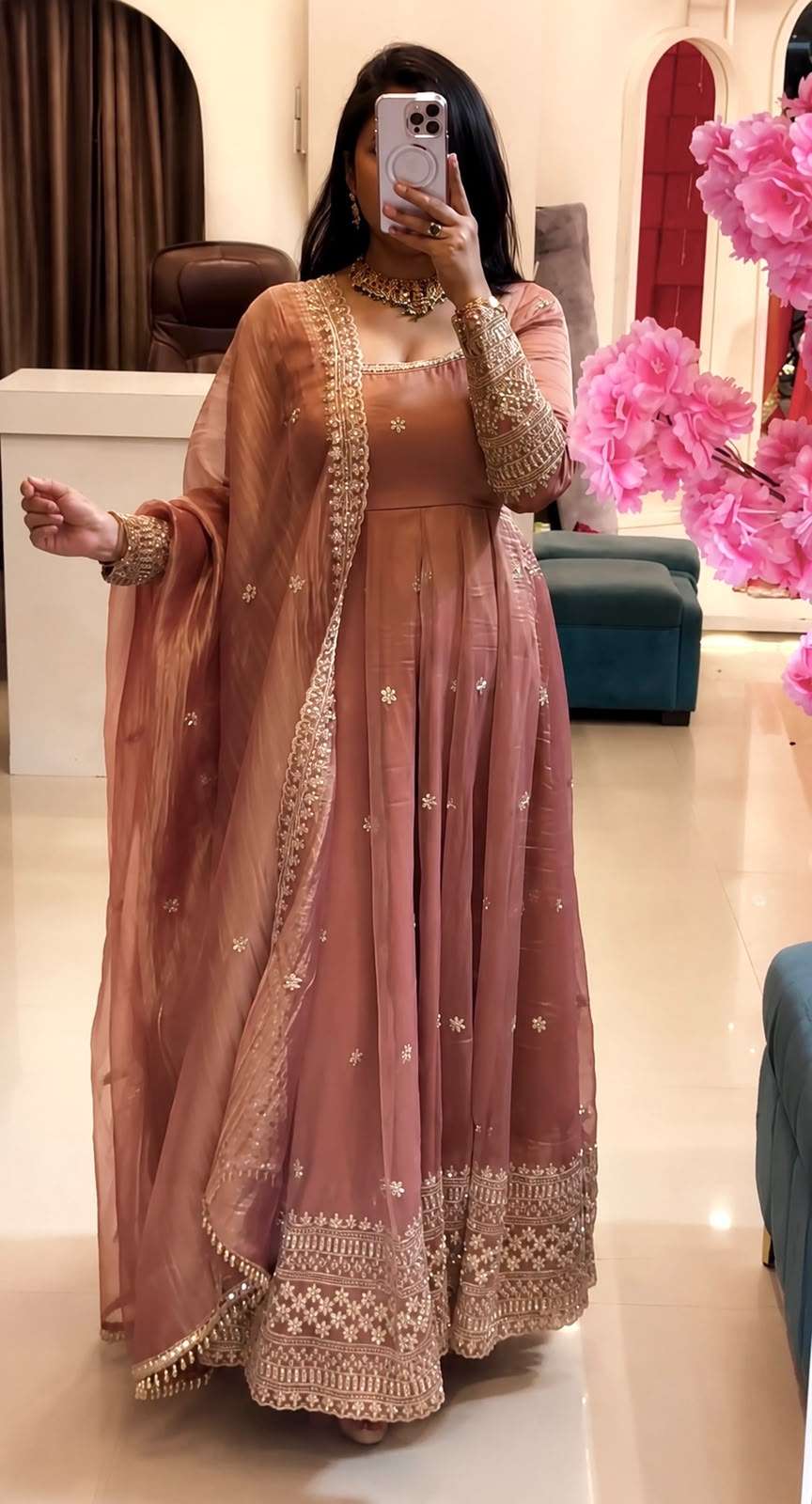 SSR 547 Crunchy Silk Embroidered Designer Gown Set — Wholesale Designer Salwar Suits, Vardan Ethnic wholesale from Surat — view 8