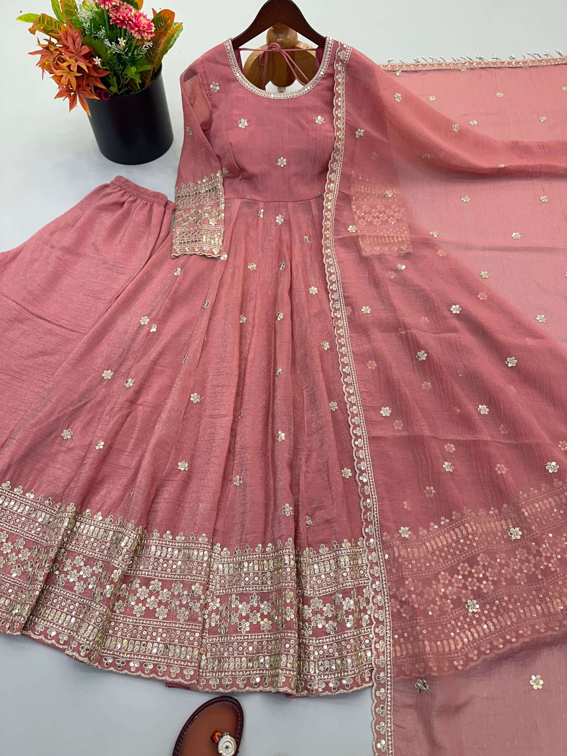SSR 547 Crunchy Silk Embroidered Designer Gown Set — Wholesale Designer Salwar Suits, Vardan Ethnic wholesale from Surat — view 6