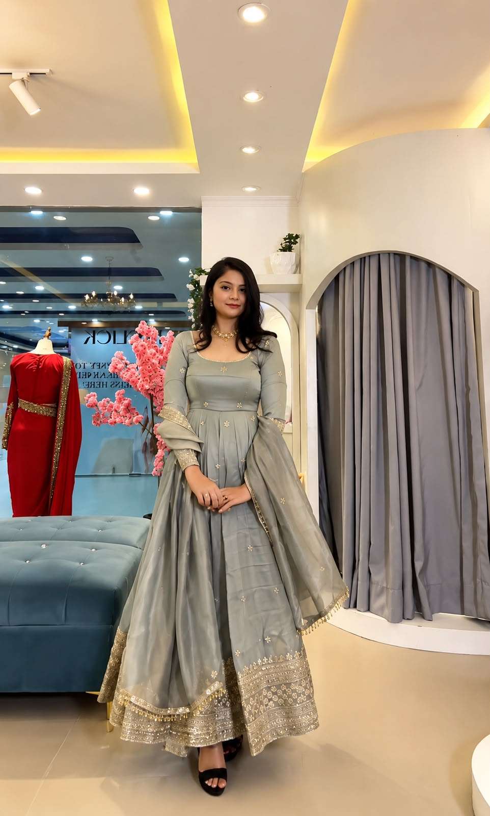 SSR 547 Crunchy Silk Embroidered Designer Gown Set — Wholesale Designer Salwar Suits, Vardan Ethnic wholesale from Surat — view 5