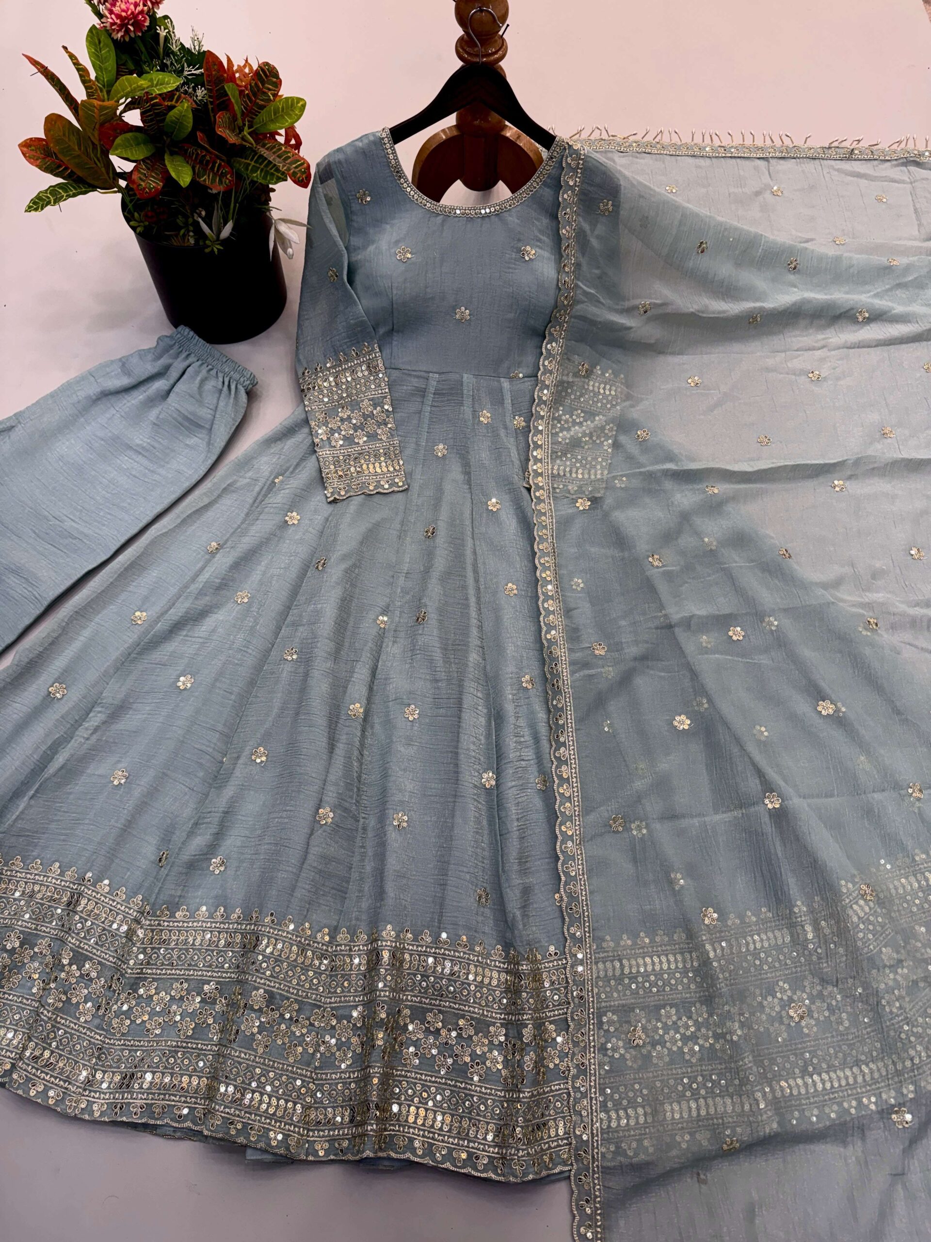 SSR 547 Crunchy Silk Embroidered Designer Gown Set — Wholesale Designer Salwar Suits, Vardan Ethnic wholesale from Surat — view 3