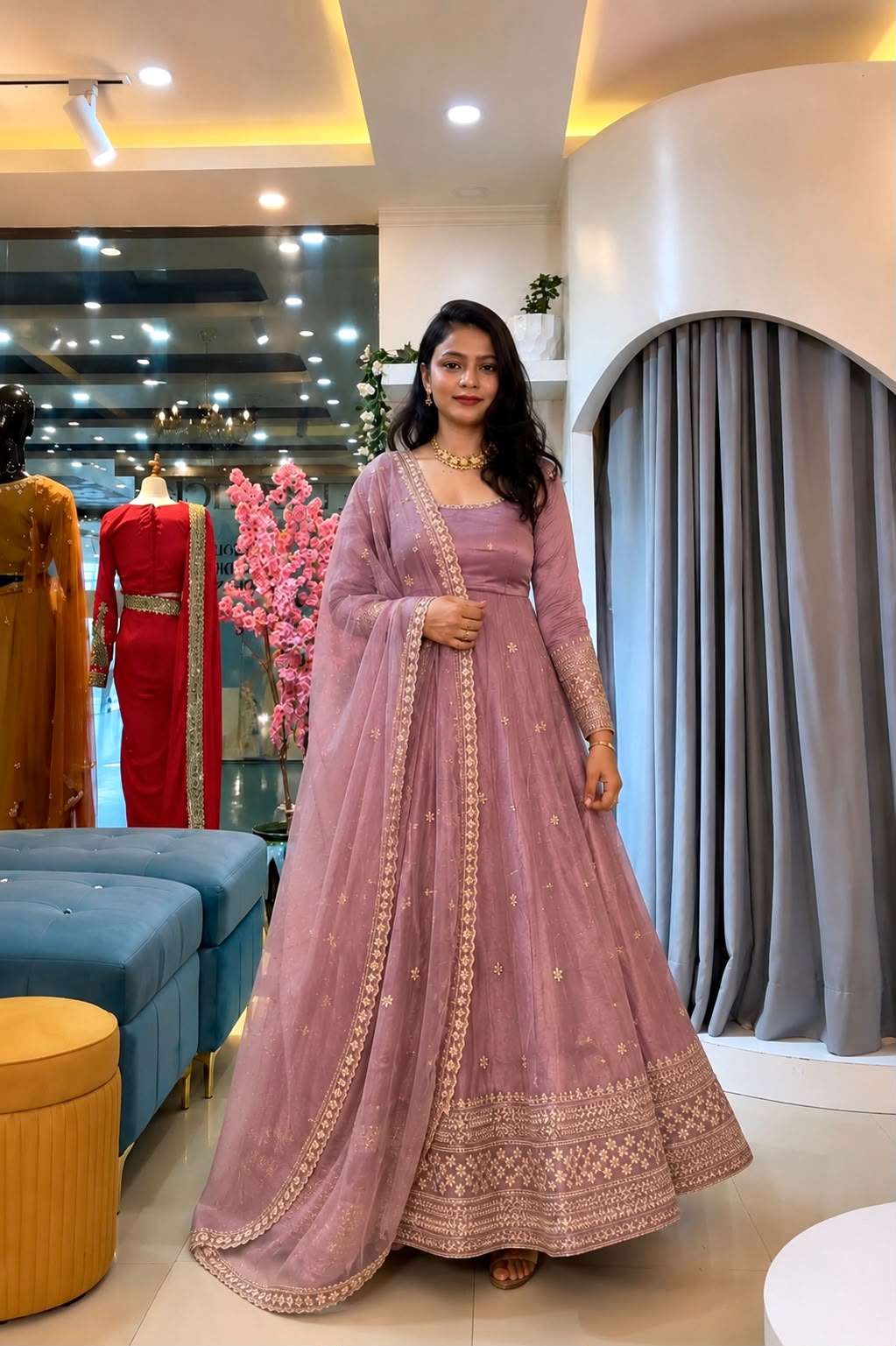 SSR 547 Crunchy Silk Embroidered Designer Gown Set — Wholesale Designer Salwar Suits, Vardan Ethnic wholesale from Surat — view 2