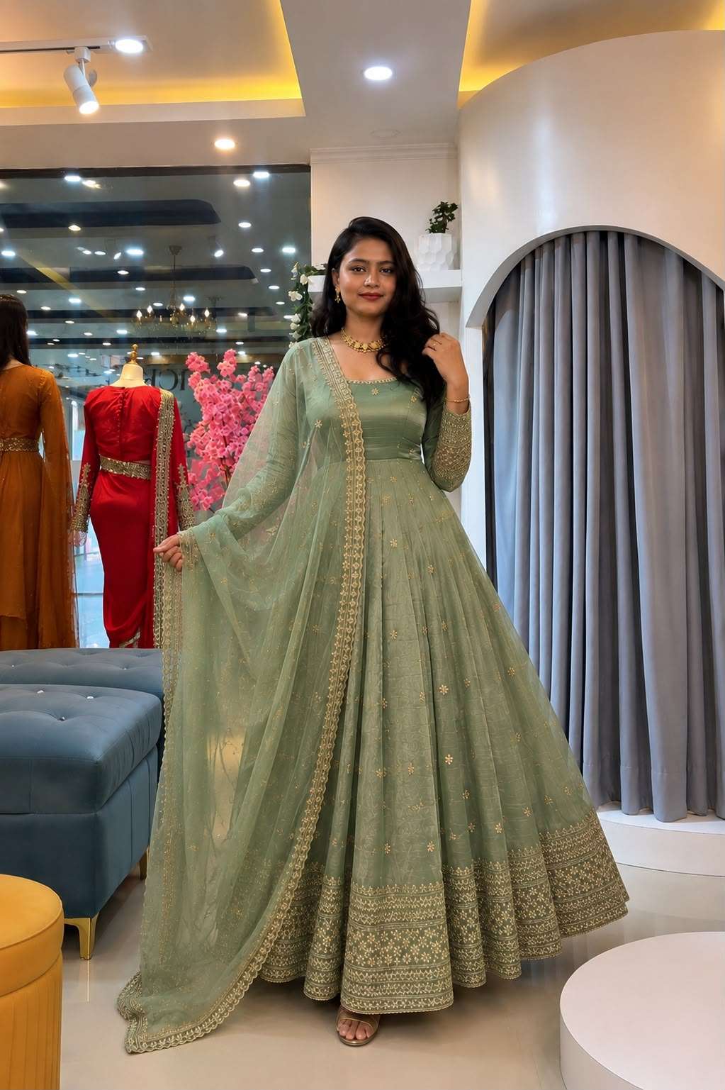 SSR 547 Crunchy Silk Embroidered Designer Gown Set
