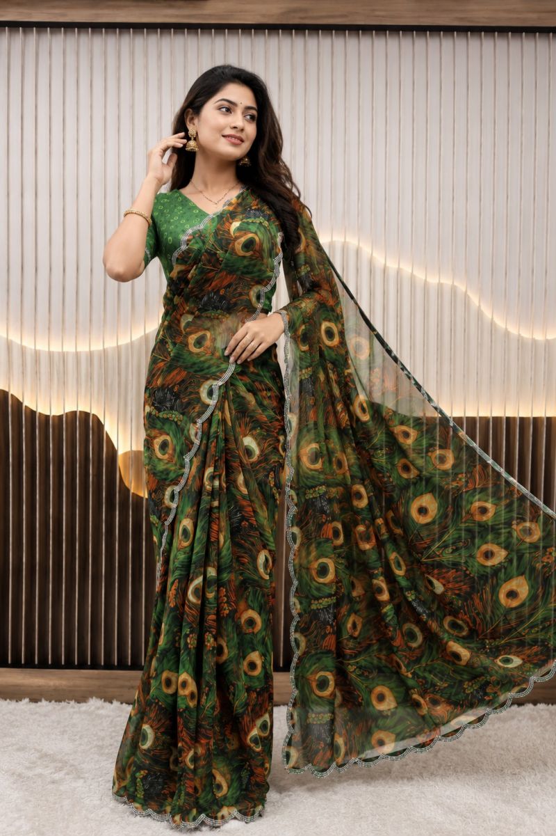 St D No 155 A Soft Faux Georgette Peacock Digital Printed Saree